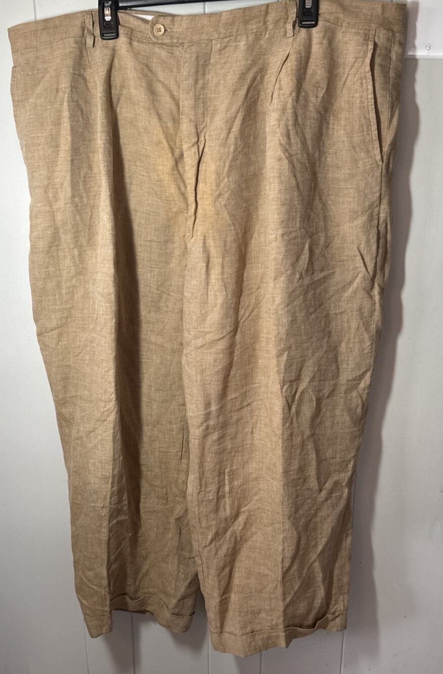 Inserch Pants Mens 46 Brown Linen Pleated Trouser Dress Slacks Cuffed Vintage V4